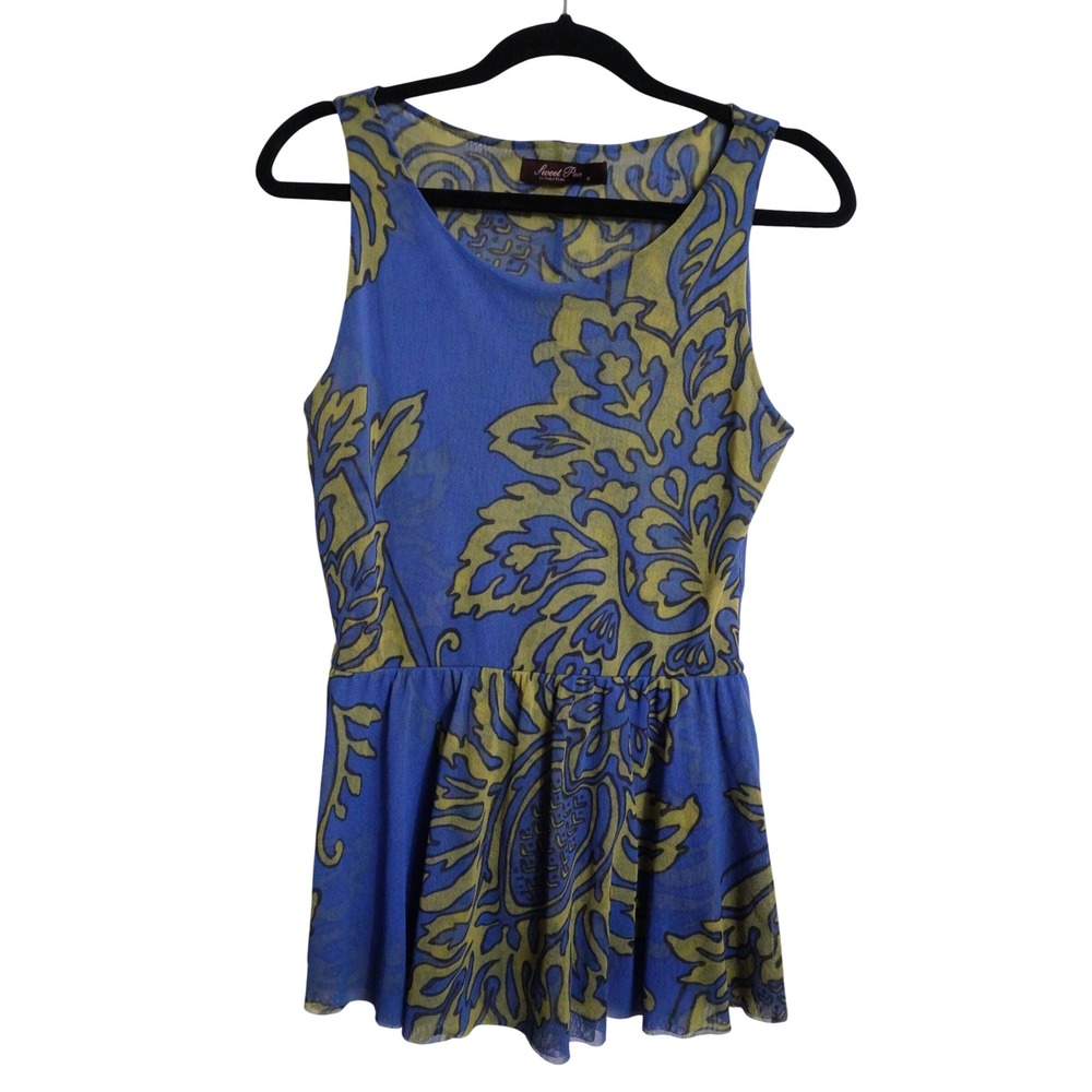 Sweet Pea Peplum Top Size M Y2K Damask Mesh Sleeveless Blue Green